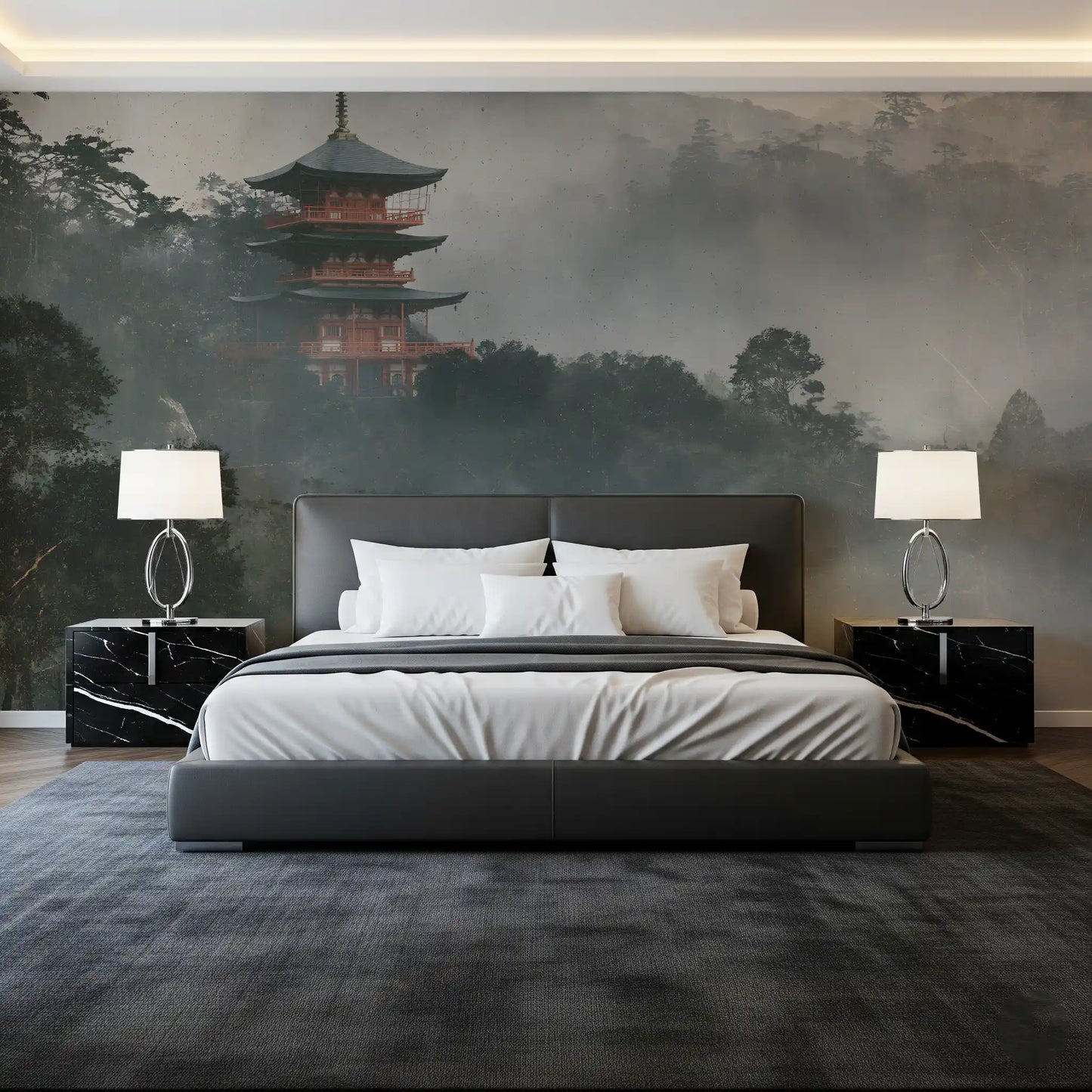 Ancient Temple in Foggy Woods Wall Mural