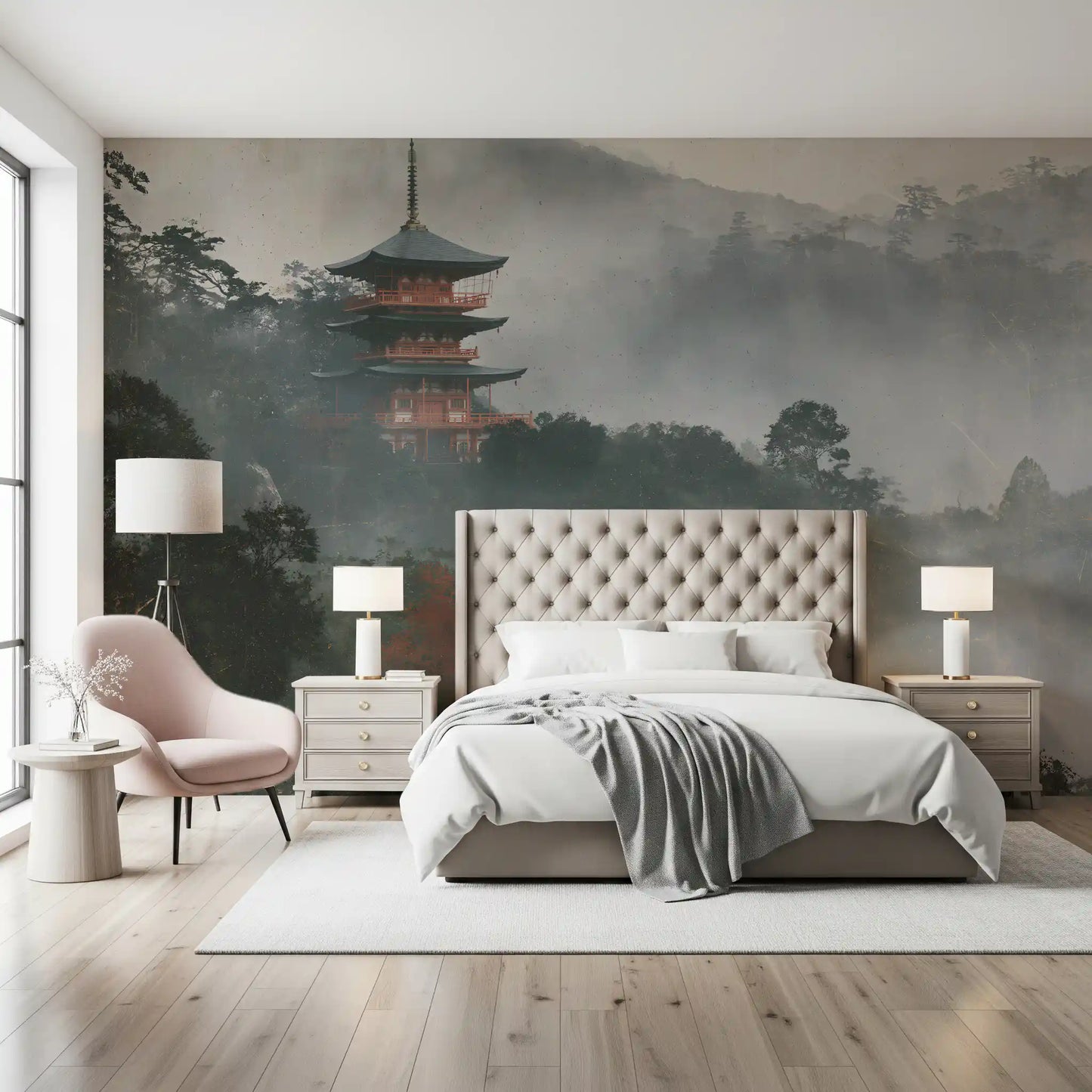 Ancient Temple in Foggy Woods Wall Mural