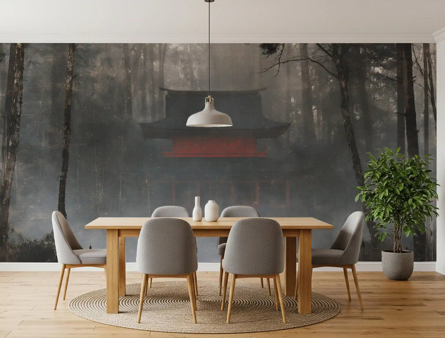 Zen Temple Foggy Woodland Wall Mural