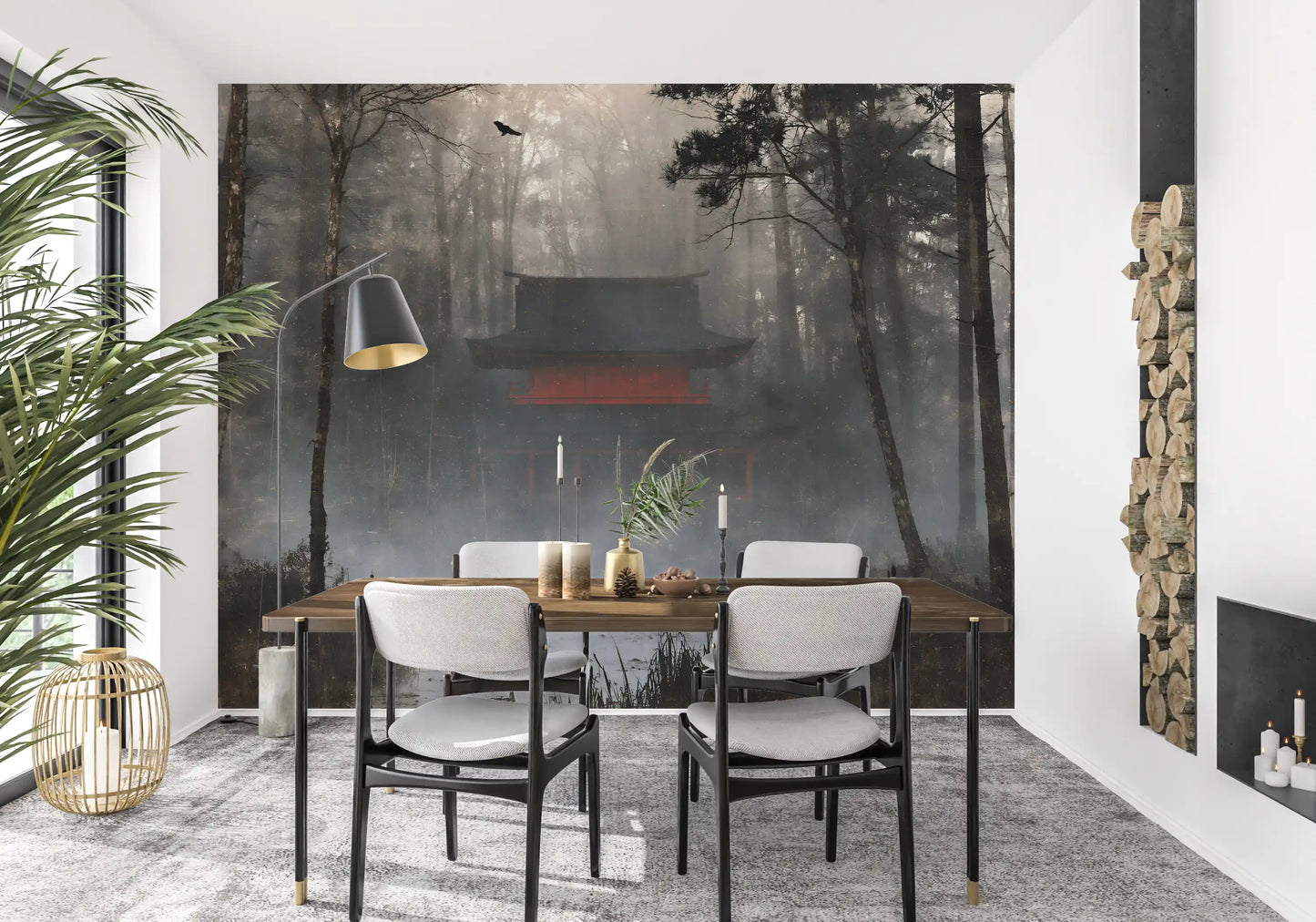 Zen Temple Foggy Woodland Wall Mural