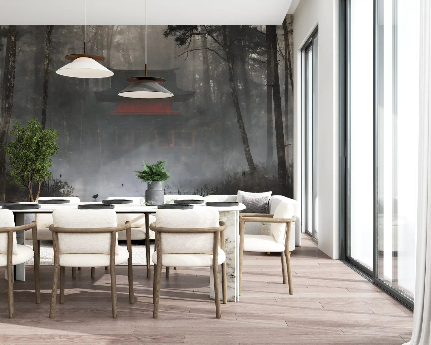Zen Temple Foggy Woodland Wall Mural