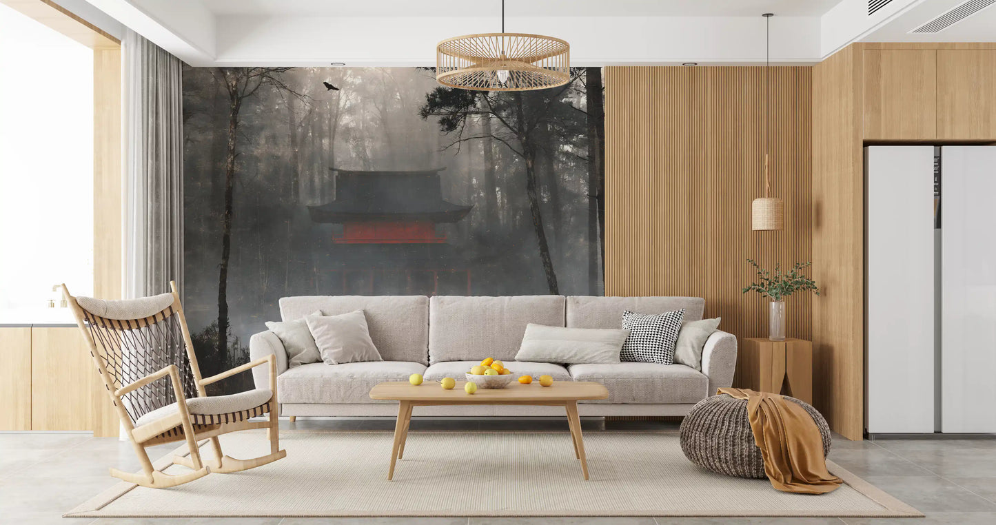 Zen Temple Foggy Woodland Wall Mural