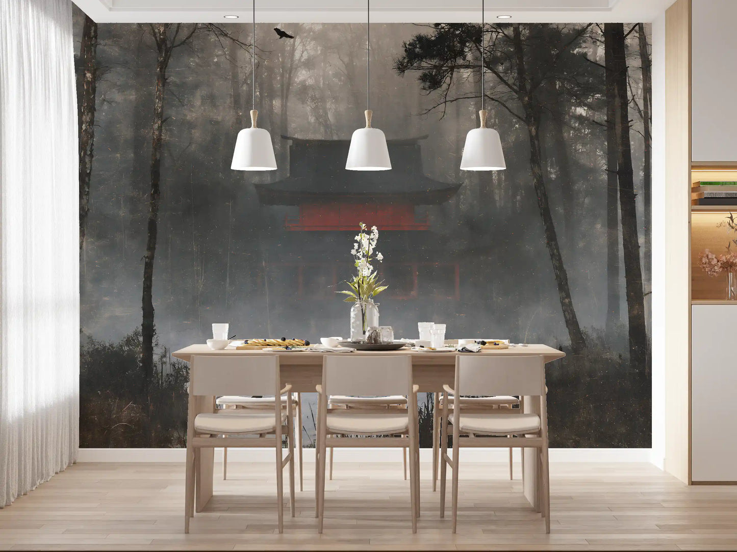 Zen Temple Foggy Woodland Wall Mural