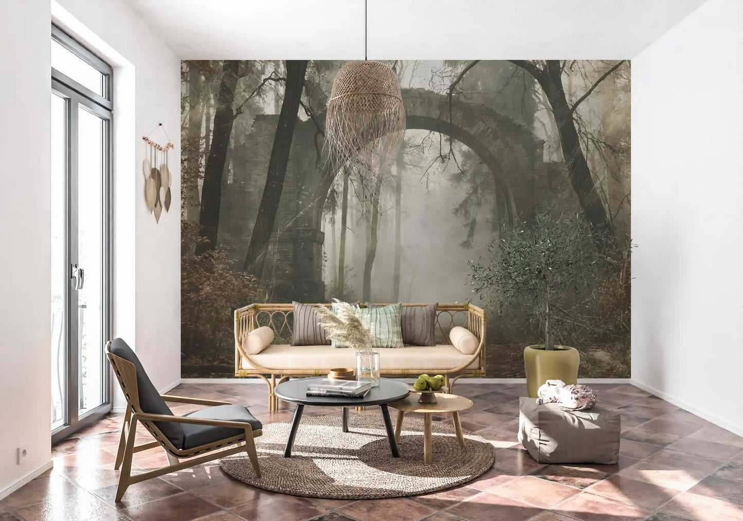 Misty Ancient Forest Stone Archway Wall Mural