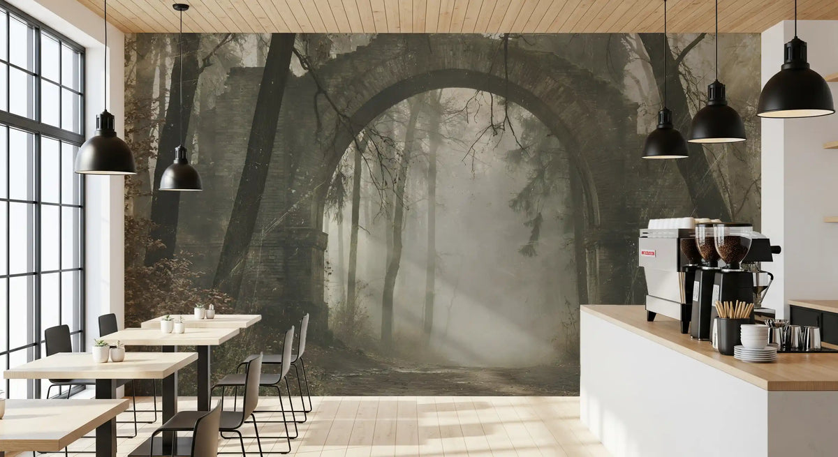 Forest stone archway mural in a cafe with wood tables and black pendants GD12892