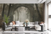 Misty Ancient Forest Stone Archway Wall Mural