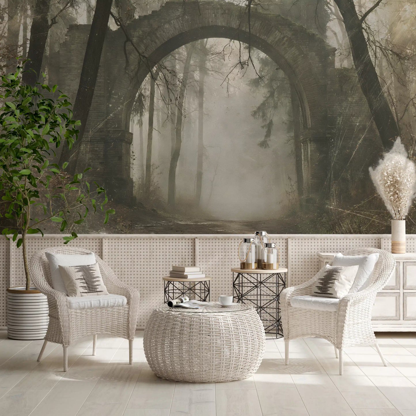 Misty Ancient Forest Stone Archway Wall Mural