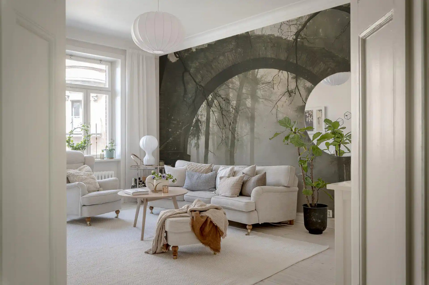 Misty Ancient Forest Stone Archway Wall Mural