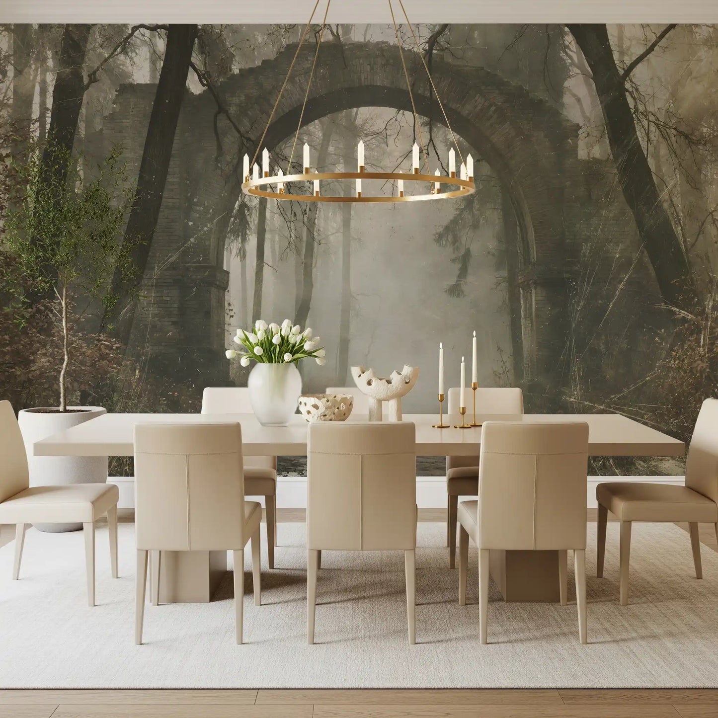 Misty Ancient Forest Stone Archway Wall Mural