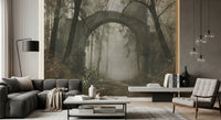 Misty Ancient Forest Stone Archway Wall Mural
