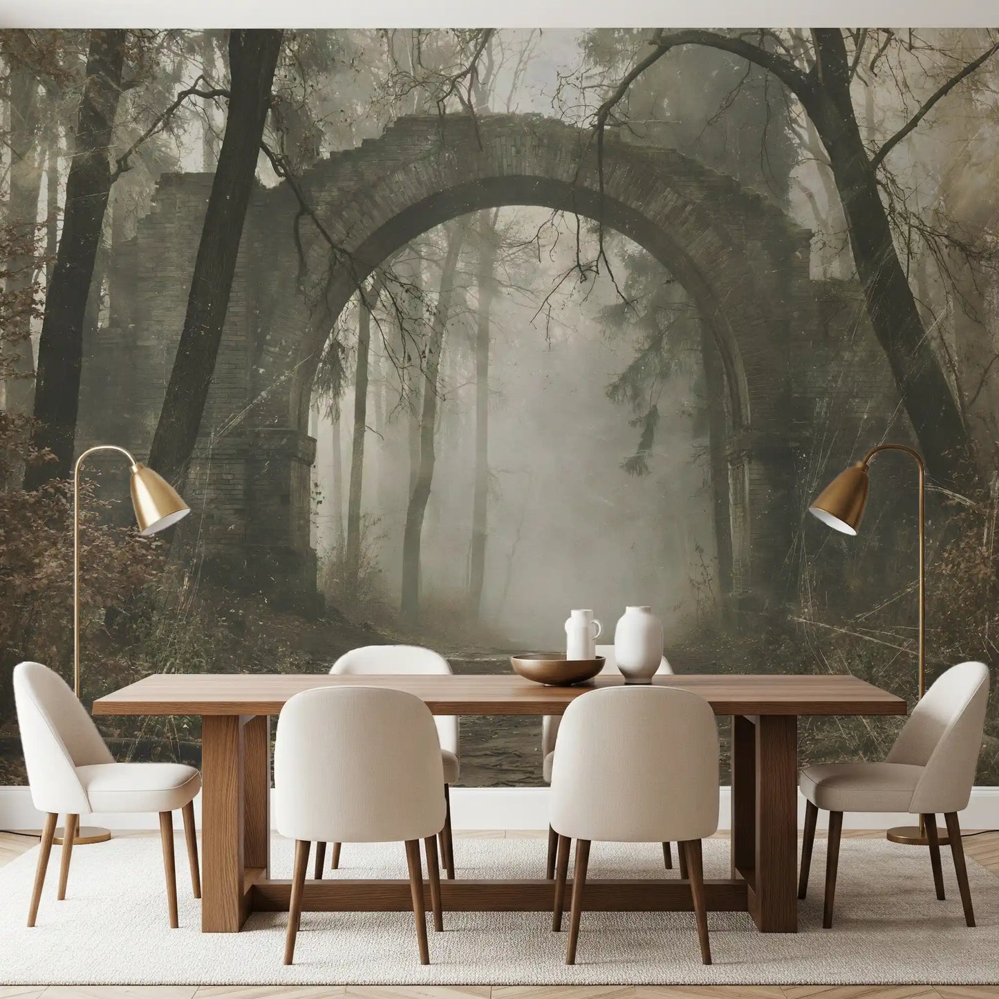 Misty Ancient Forest Stone Archway Wall Mural