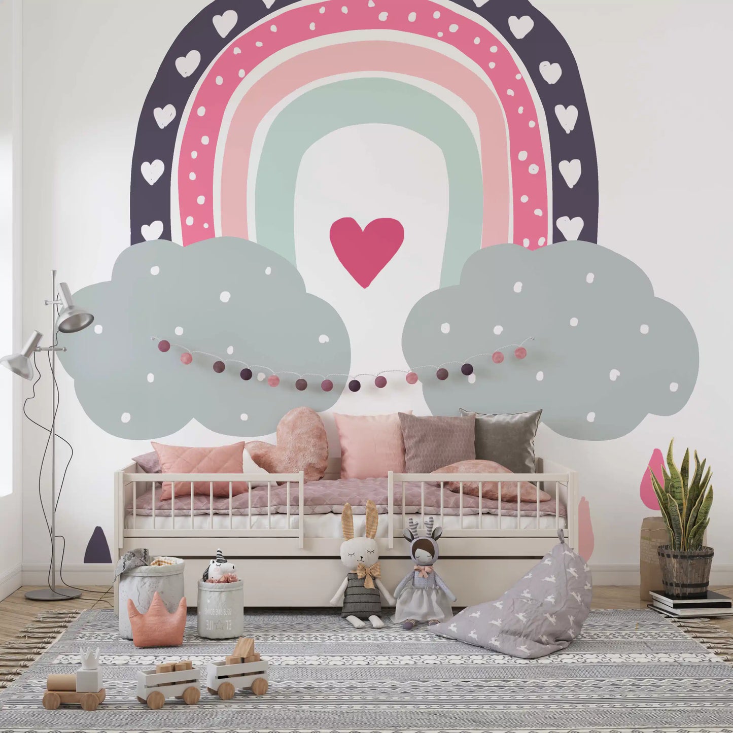 Heart-Filled Rainbow Nursery Whimsy Wall Mural