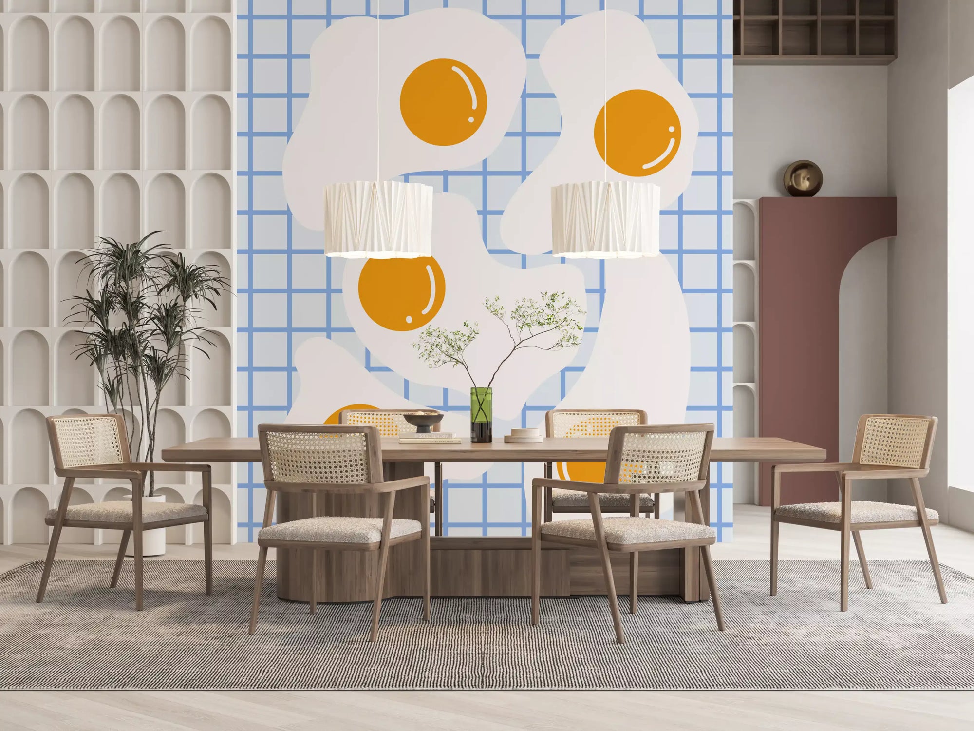 Fried egg breakfast wall mural in a dining room with cane chairs and pendants GD12899