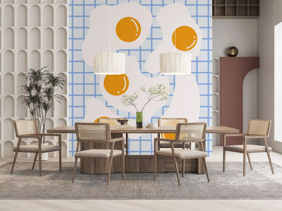 Fried egg breakfast wall mural in a dining room with cane chairs and pendants GD12899
