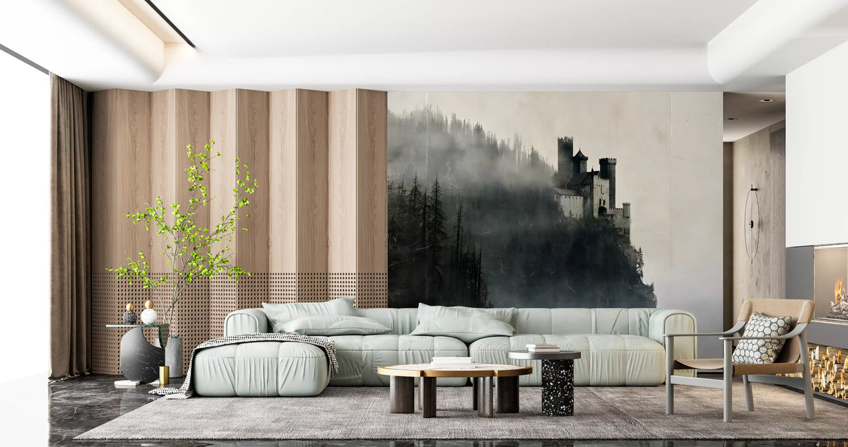 Enigmatic stone citadel mural behind a mint green modular sofa GD12903