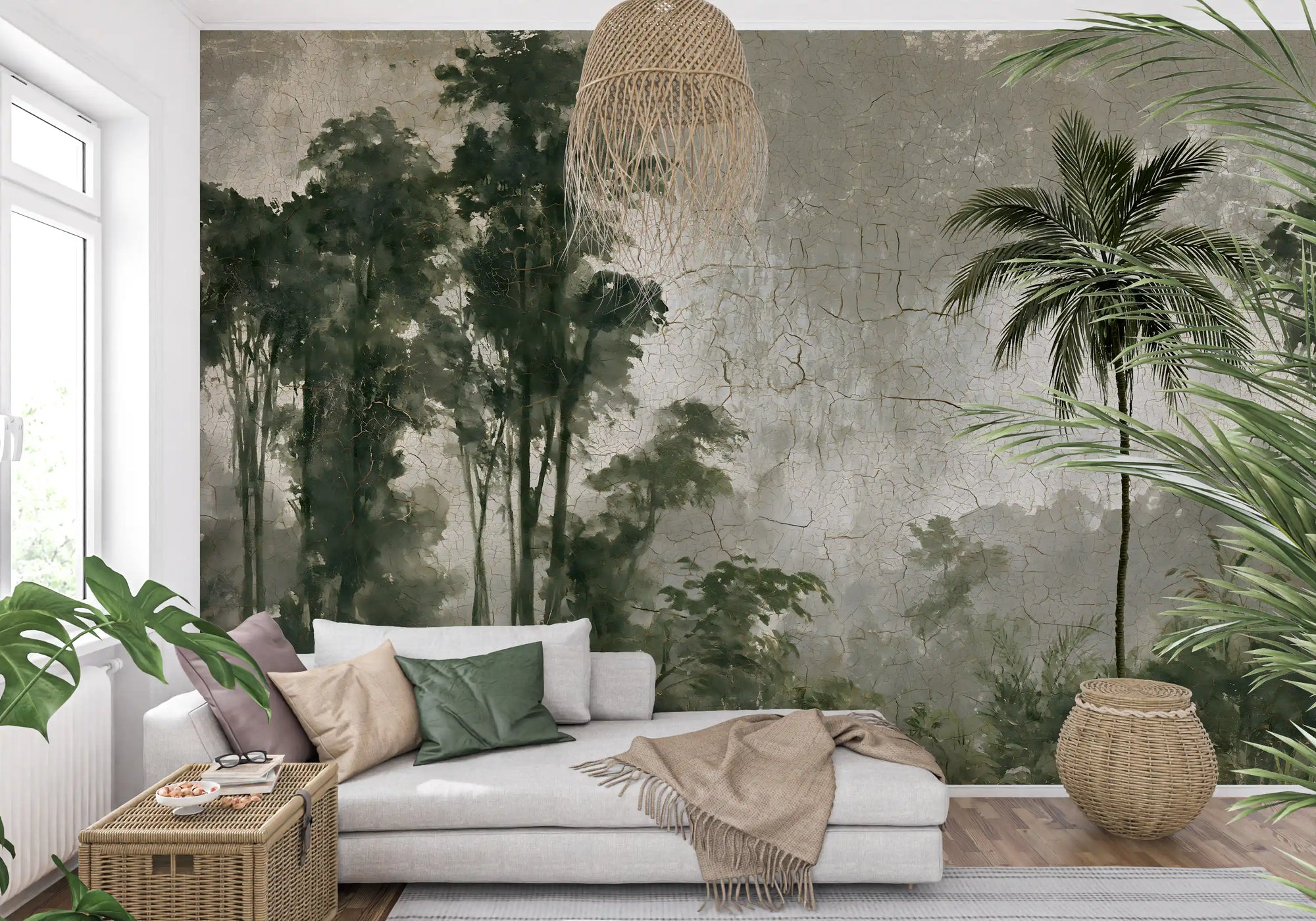 Vintage palm forest mural behind a white daybed with a woven pendant GD12905