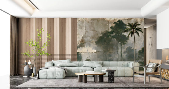 Misty palm forest plaster effect wall mural behind a sage sofa in a modern living room GD12908