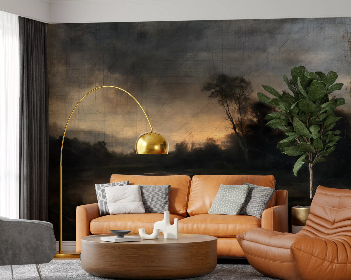 Aged dusk over the water wall mural behind a cognac leather sofa and gold arc lamp GD12909