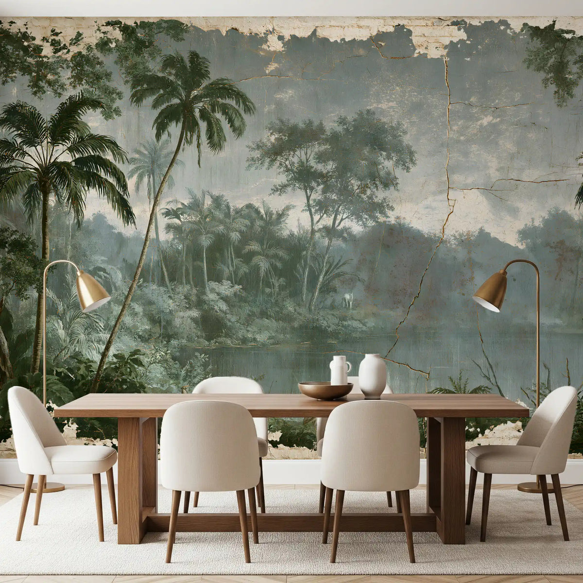 Aged botanical riverside scene wall mural in a dining room with a wooden table and cream chairs GD12911