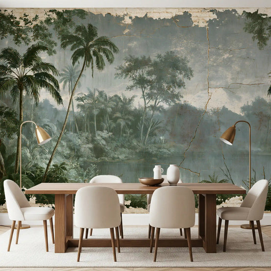 Aged botanical riverside scene wall mural in a dining room with a wooden table and cream chairs GD12911