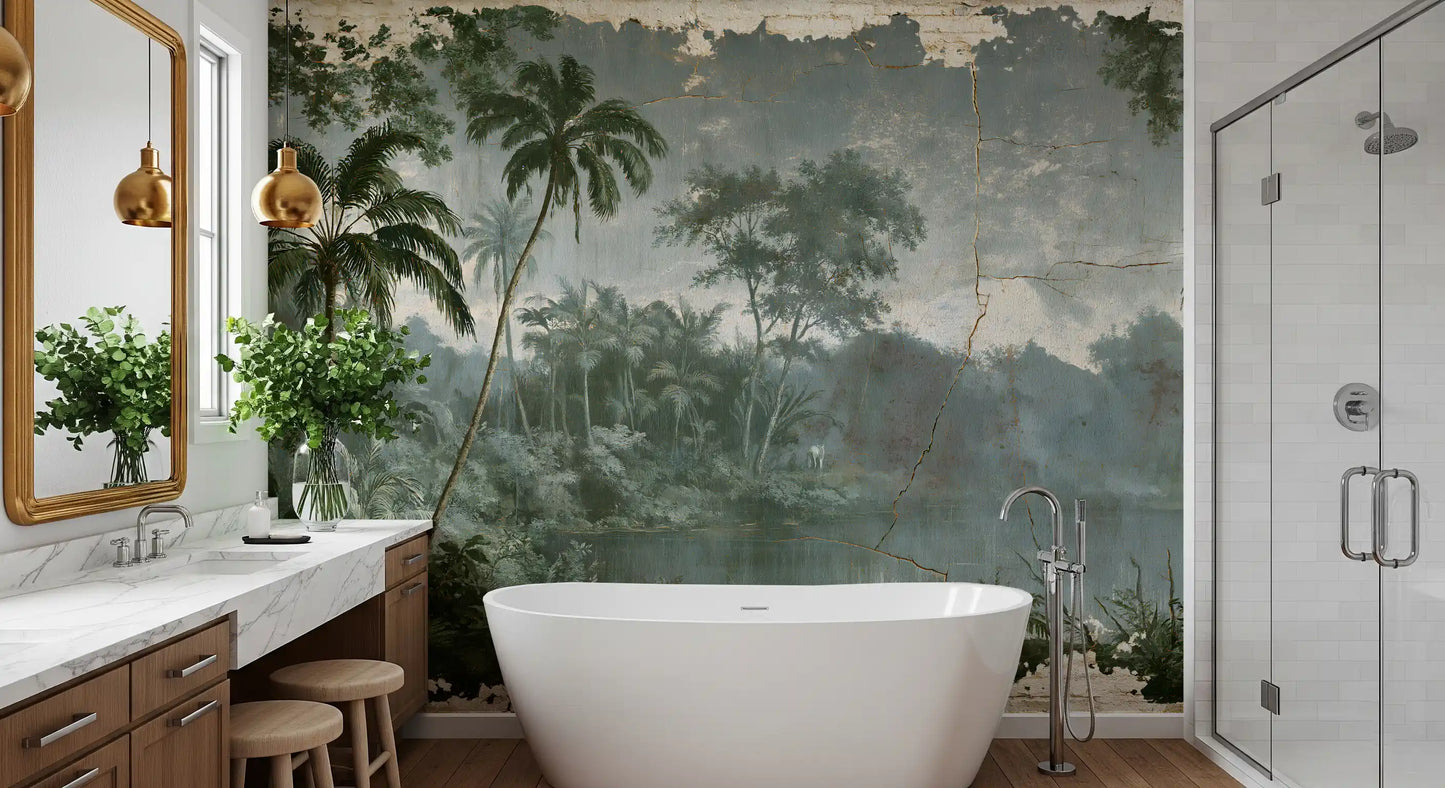 Aged Botanical Riverside Scene Wall Mural