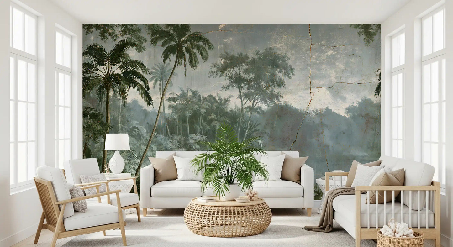 Aged Botanical Riverside Scene Wall Mural