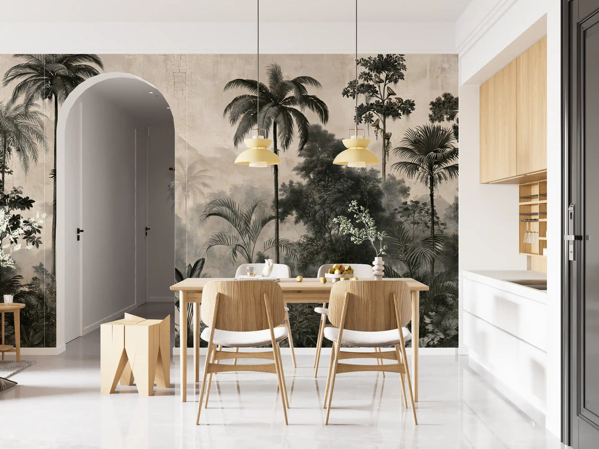 Monochrome tropical palm mural in a dining area with arched hallway and wood table GD12914