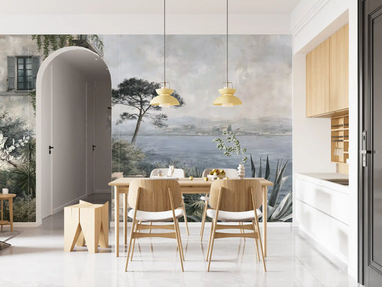 Mediterranean coastal mural in a dining area with arched hall and wood table GD12917