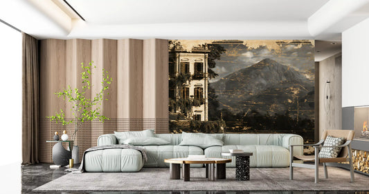 Sepia Tone Lakeside Villa Heritage Wall Mural