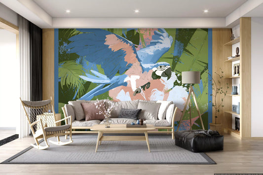 Painterly blue macaw mural behind a grey sofa, rocking chair and black leather ottoman GD12922