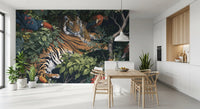 Midnight Jungle Tiger and Toucans Wall Mural