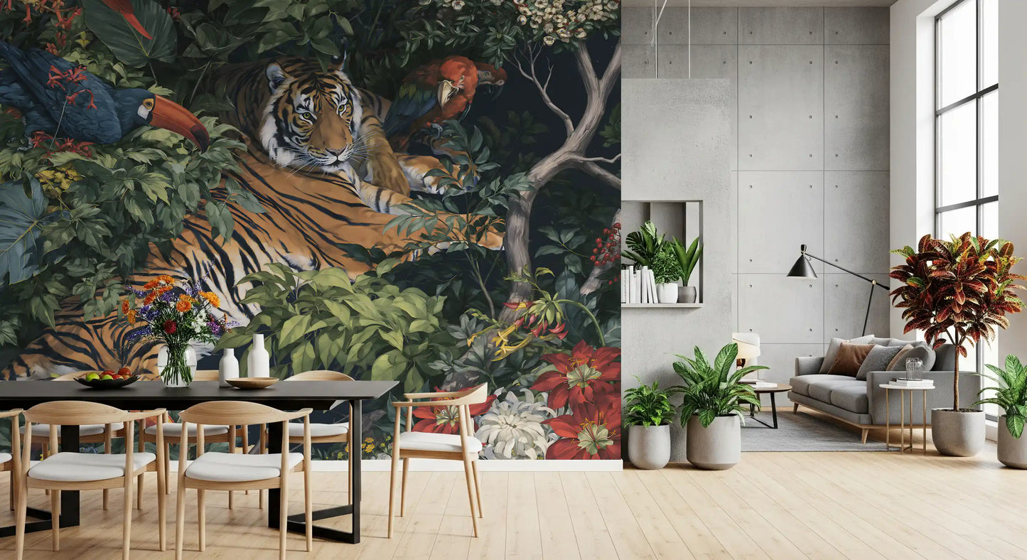 Midnight Jungle Tiger and Toucans Wall Mural