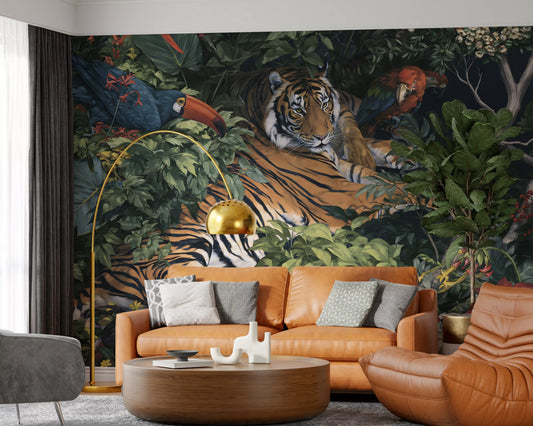 Midnight Jungle Tiger and Toucans Wall Mural
