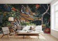 Midnight Jungle Tiger and Toucans Wall Mural