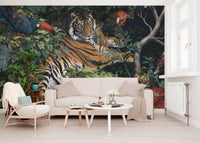 Midnight Jungle Tiger and Toucans Wall Mural