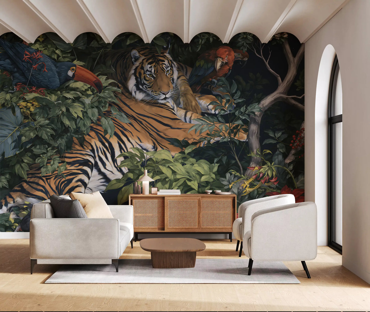 Midnight Jungle Tiger and Toucans Wall Mural