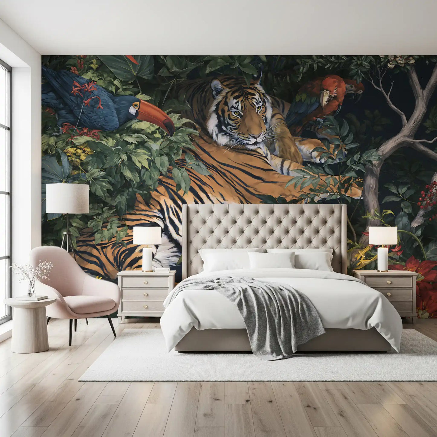 Midnight Jungle Tiger and Toucans Wall Mural