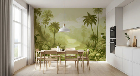 Green jungle panorama mural in a dining room with a wood table and cream chairs GD12924