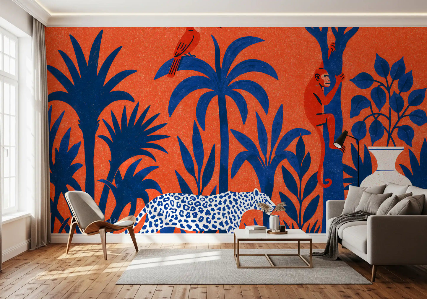 Vibrant Jungle Leopard and Tropical Wildlife Scene Wall Mural