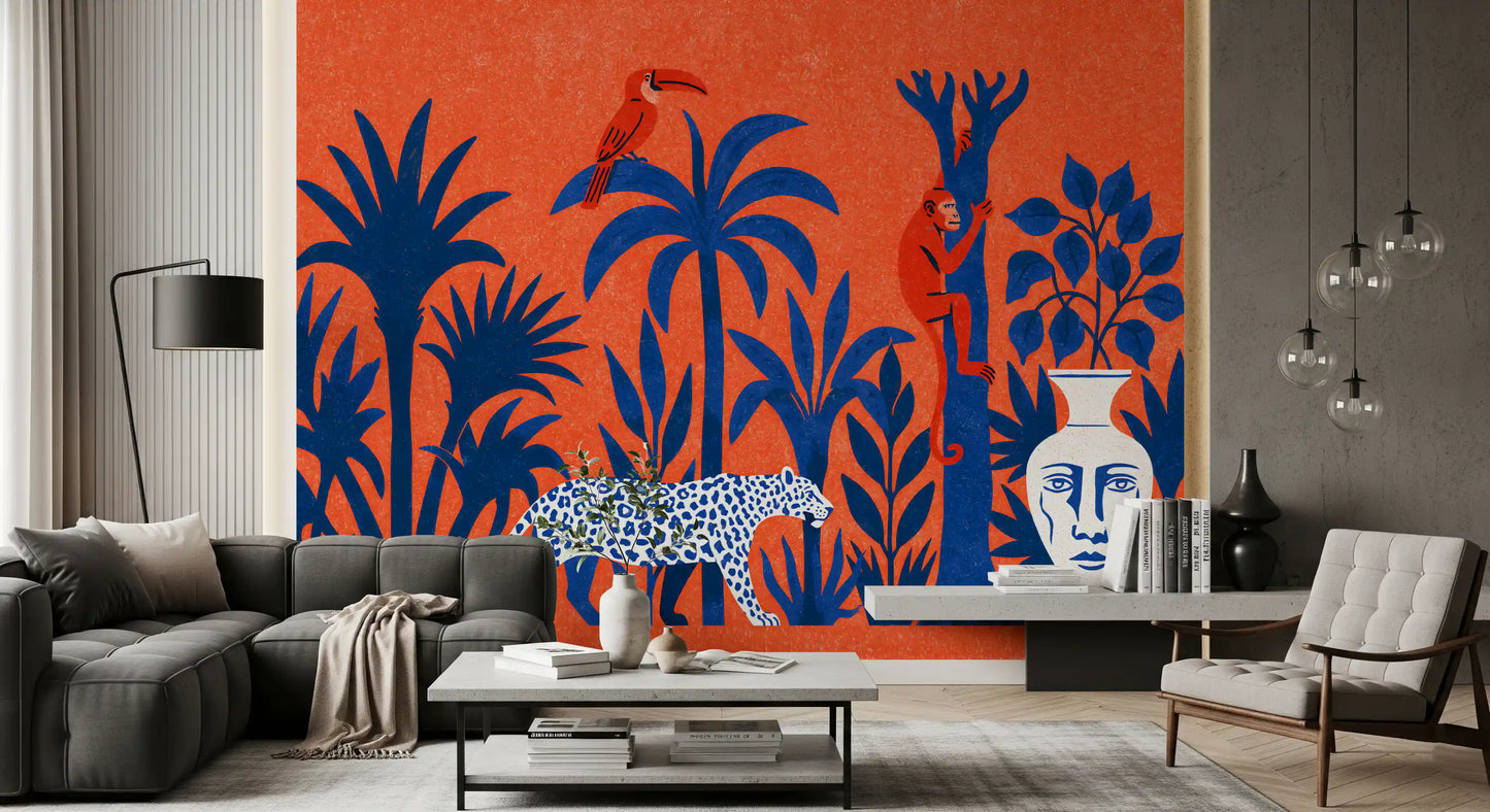 Vibrant Jungle Leopard and Tropical Wildlife Scene Wall Mural