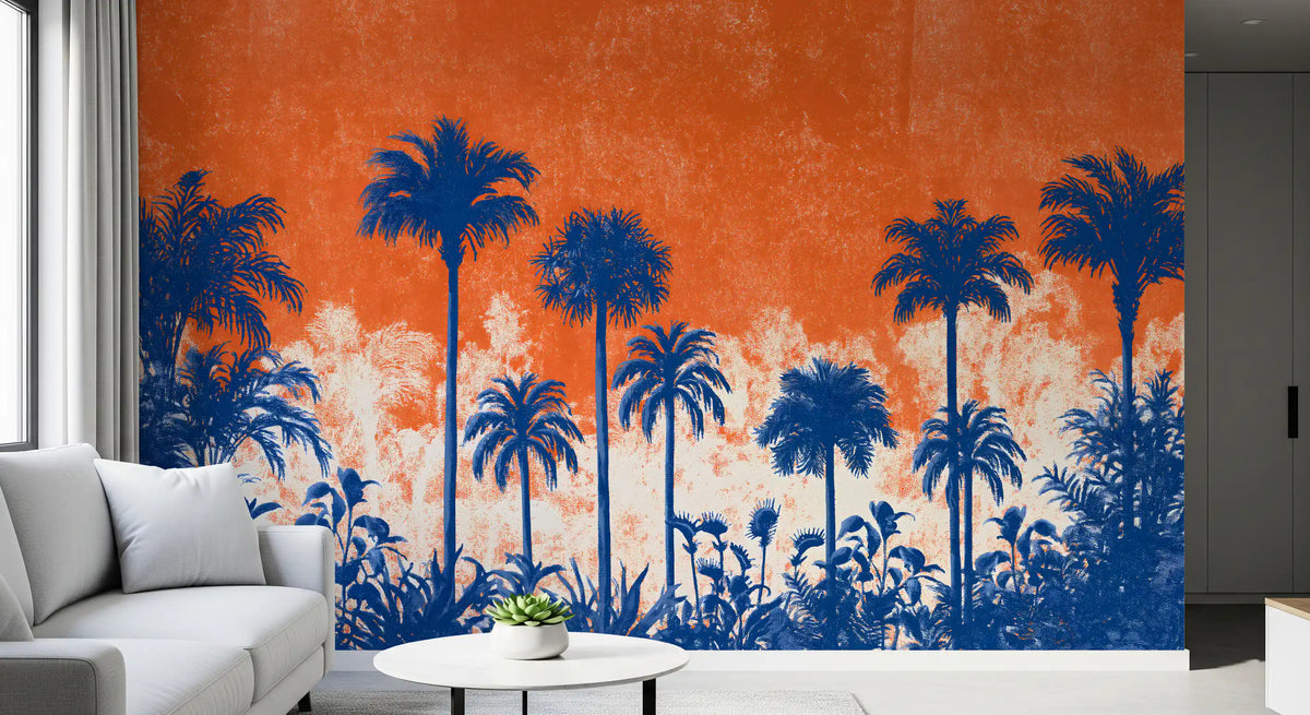 Blue palm tree canopy wall mural on orange behind a white sofa and round side table GD12927