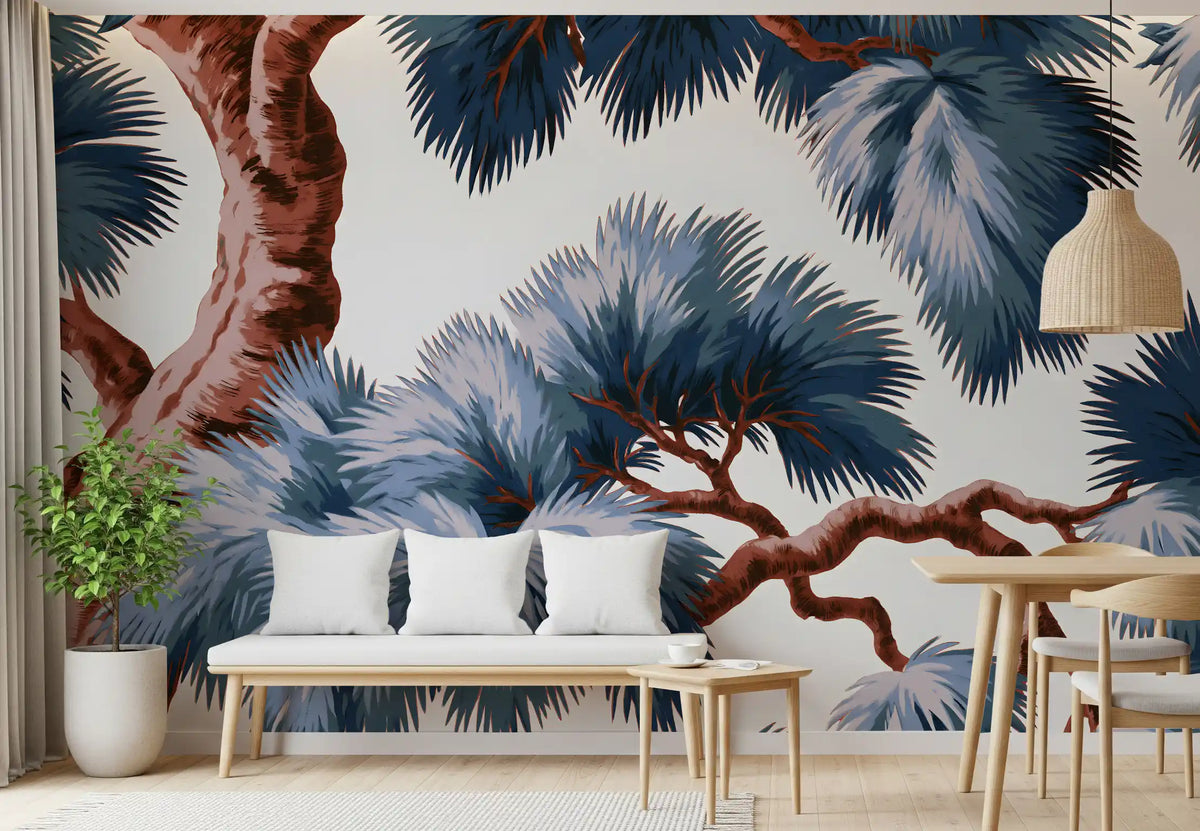 Azure evergreen canopy wall mural behind a white bench and small wood dining table GD12929