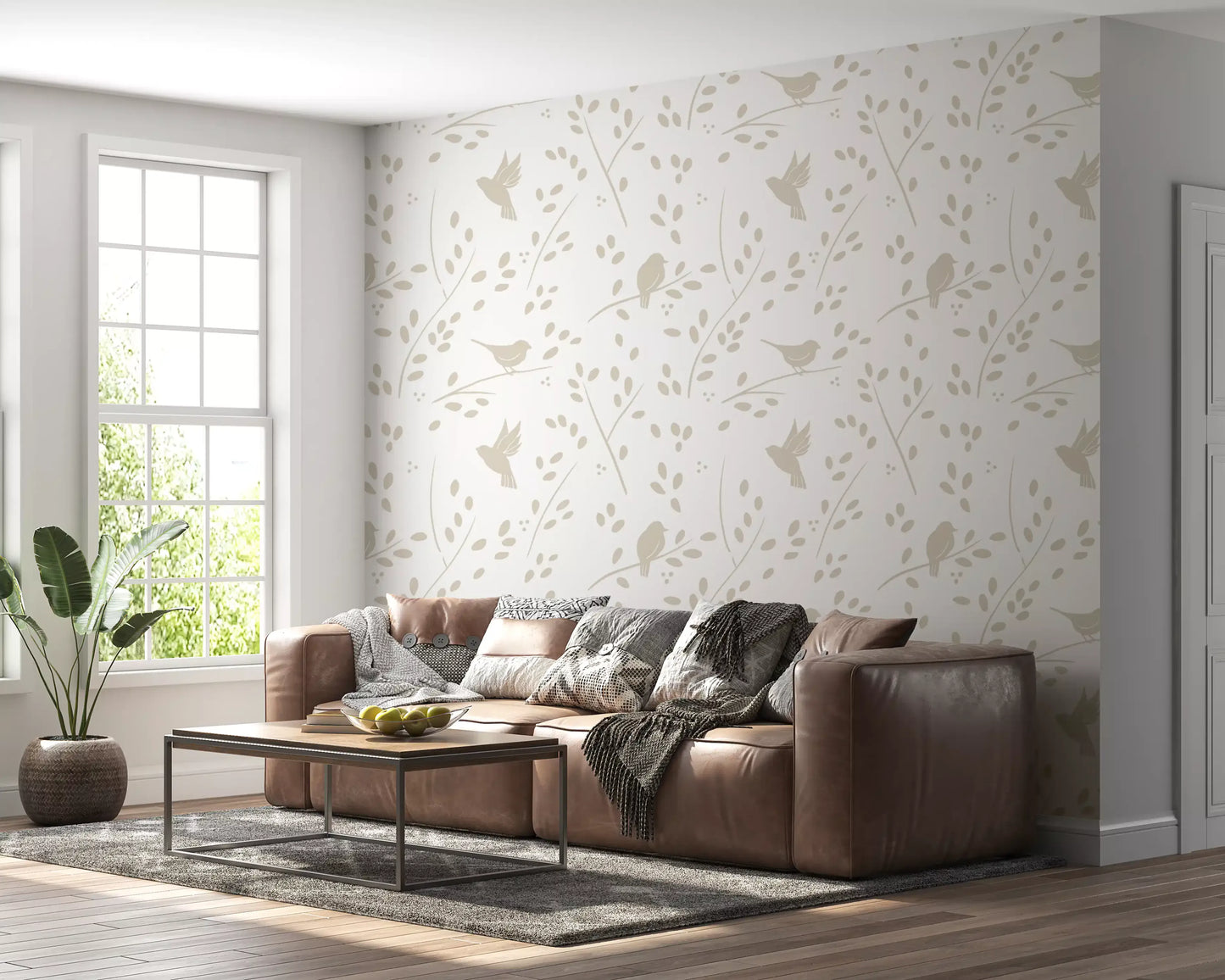 Minimalist Garden Birds in Soft Taupe Wallpaper⁠
