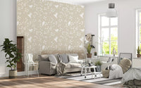 Serene Minimalist Garden Birds in Soft Taupe Wallpaper⁠