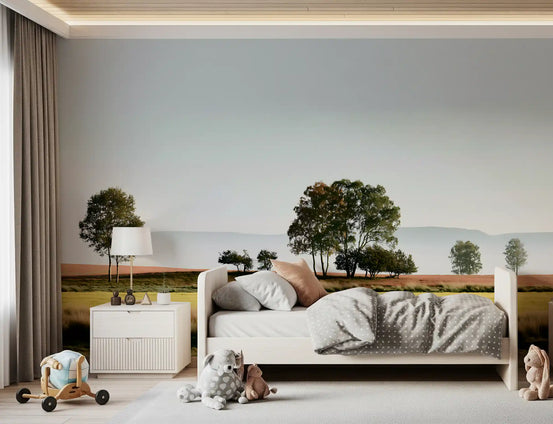 Misty morning horizon mural in a kids bedroom with a white bed and toys GD12942