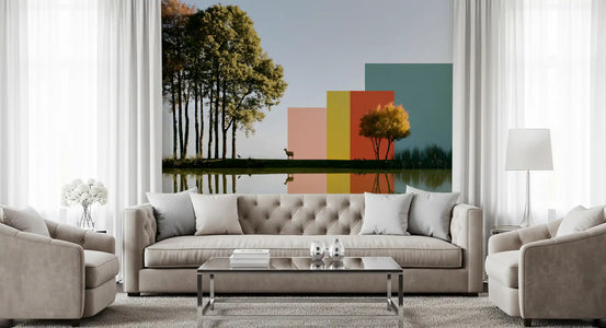Landscape reflection wall mural behind a grey tufted sofa in a bright living room GD12943