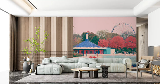 Fairground pavilion and ferris wheel mural behind a sage curved sofa GD12945
