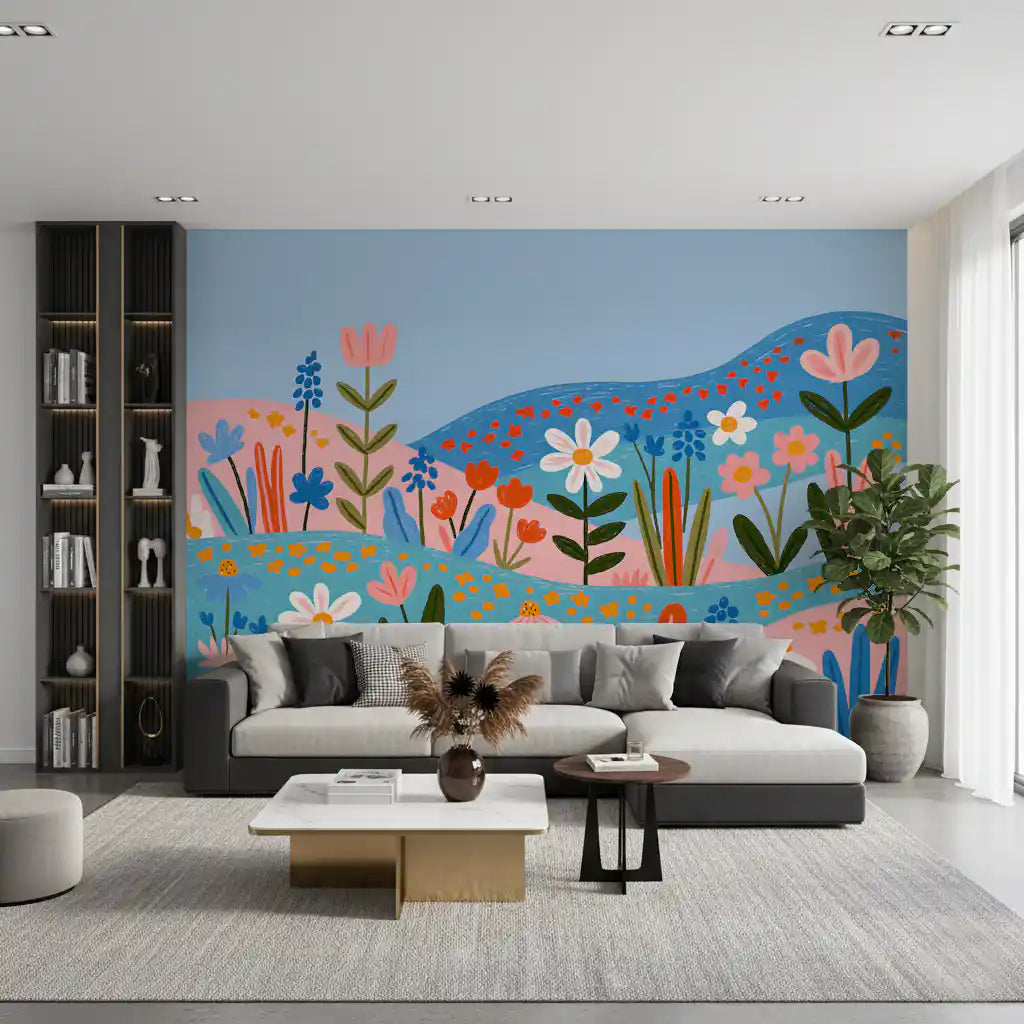Bohemian spring meadow mural behind a grey sofa and a wooden bookshelf GD12947