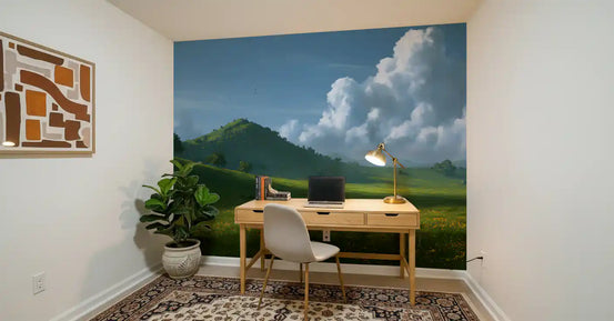 Rolling green hills and summer sky mural above a home office desk with woven rug GD12949