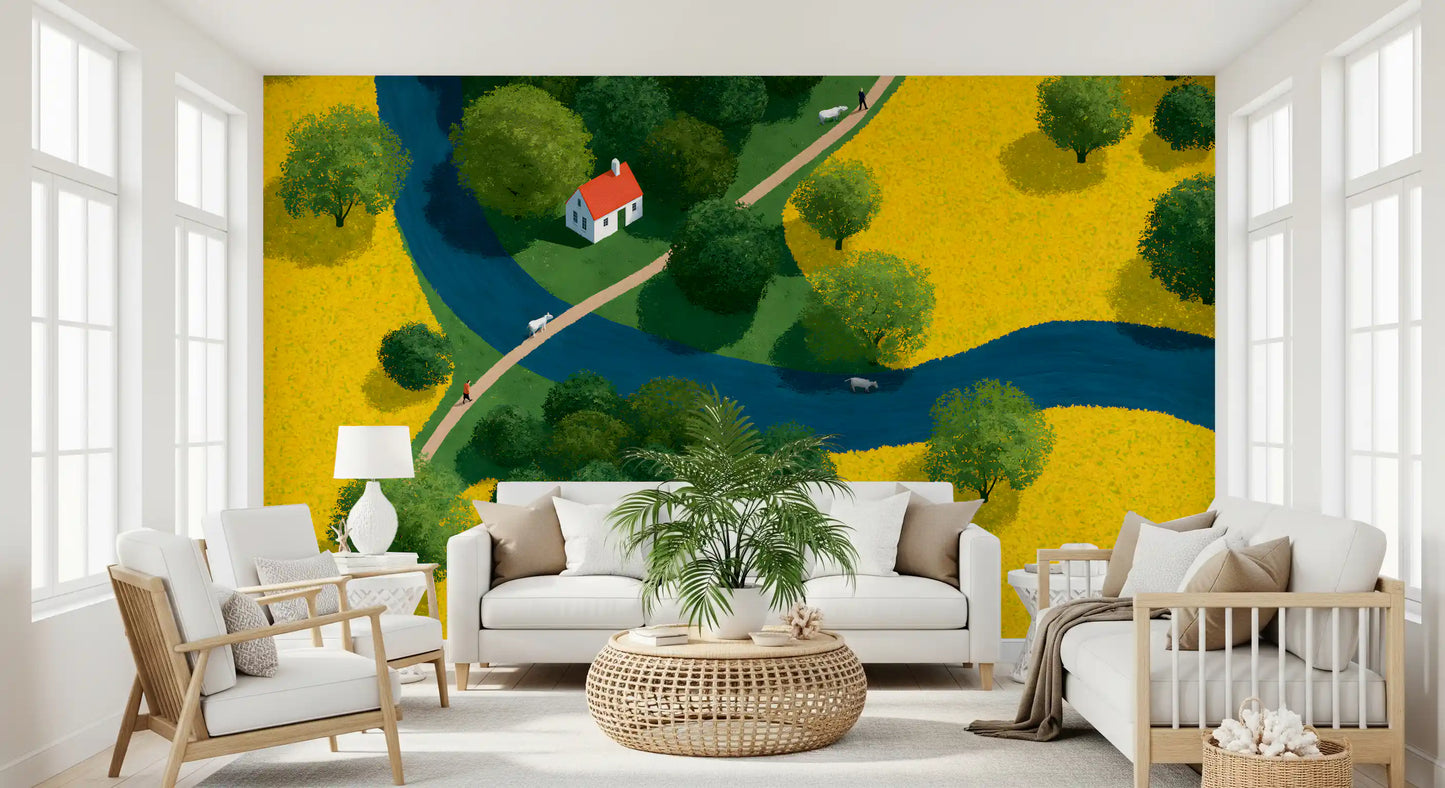 Isometric Countryside Meadow Scene Wall Mural